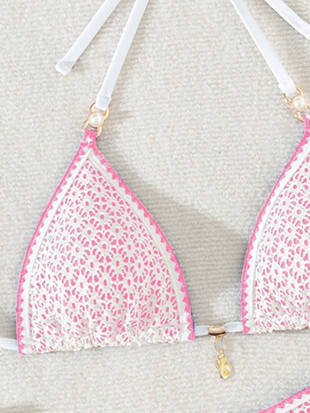 Pink Women's Hollow Out Shell & Pearl Decor Sexy Triangle bikini